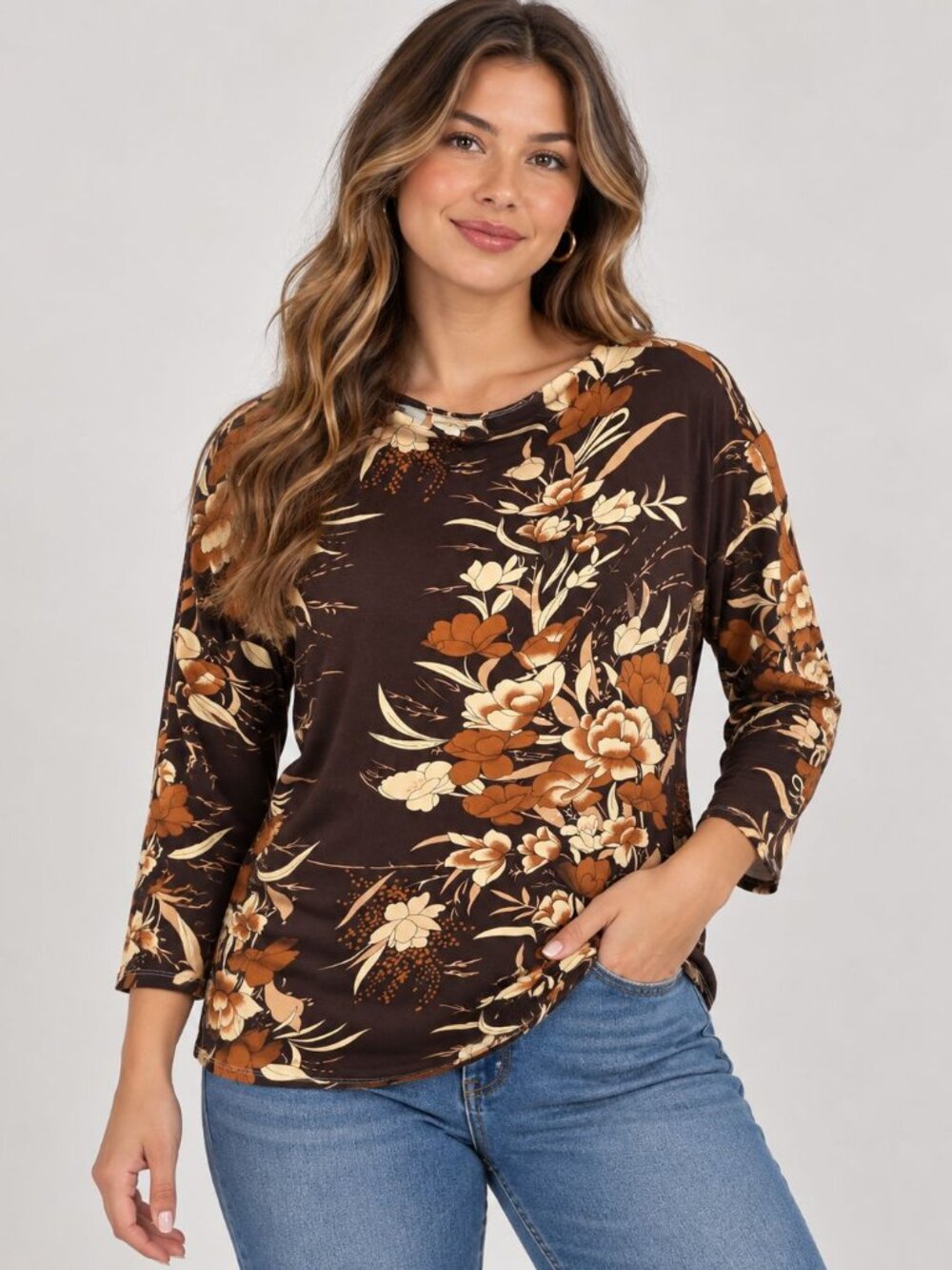 Westbound Floral Print Top Small NWT Brown Boho 3/4 Sleeve Blouse
